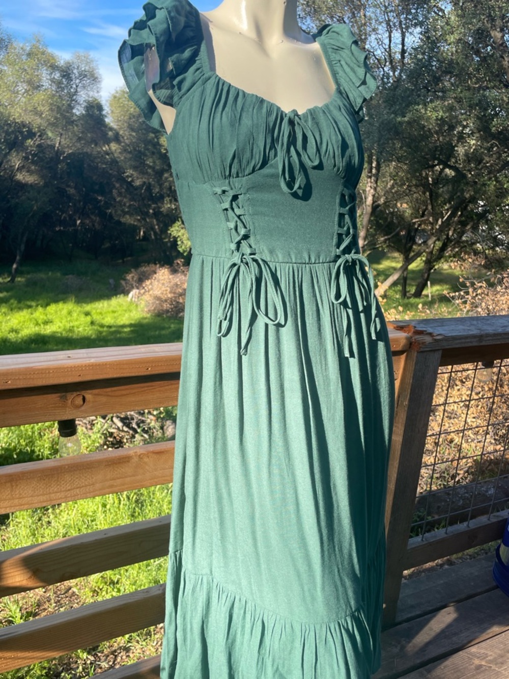 Trixxi Sage Green CottageCore Maxi Dress with Corset Tie and Ruffle Sleeves - Picture 10 of 11